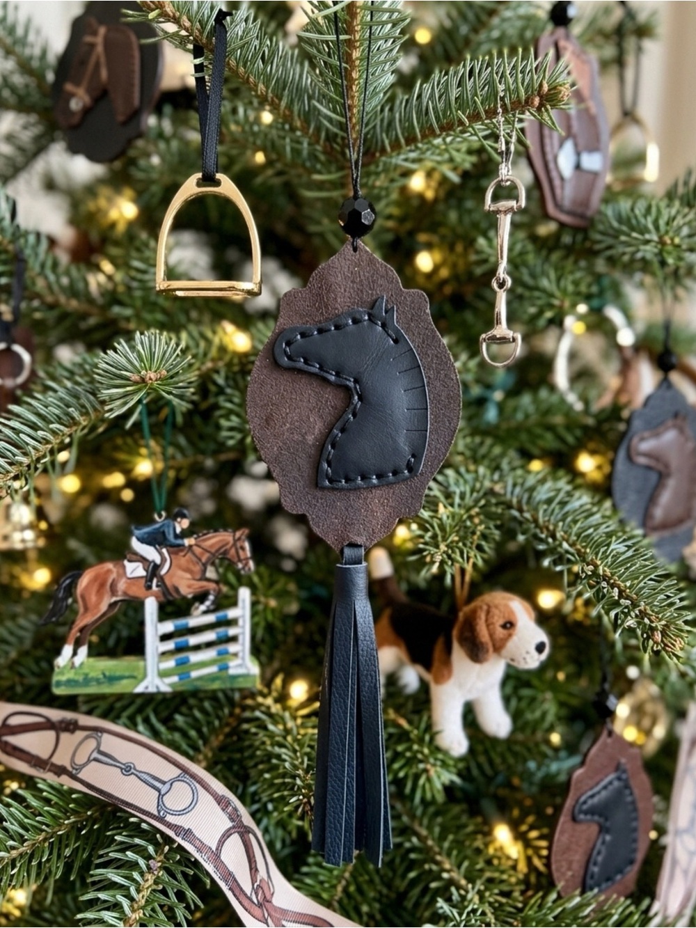 Artisanal Leather Horse Silhouette Hanging  Ornament Charm w/ Jet Bead & Tassel